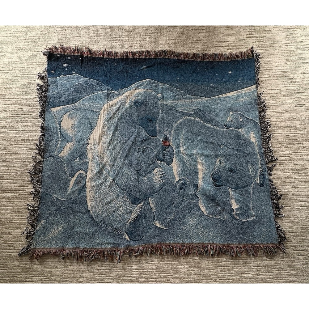 Vintage Coca-Cola Polar Bear Woven Tapestry Throw Blanket 48x57 90s Rare
